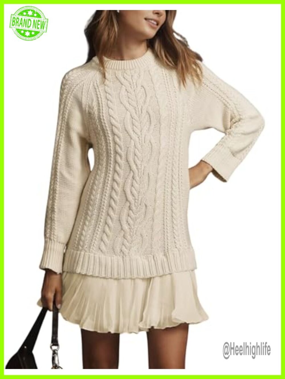 Cable Knit Sweater Mini Dress Crewneck Long Sleeve Pleated Twofer Style